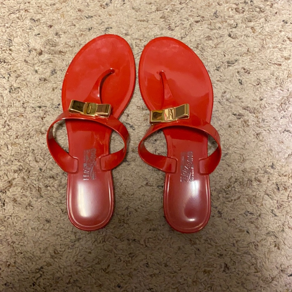 Ferragamo red jelly slide sandals bow gold 7